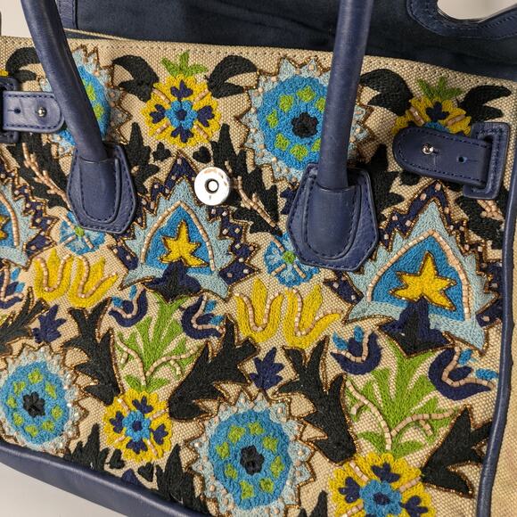 Sam Edelman Sylvia Purse Handbag Navy Blue Rare Embroidered Beads Leather Jute - Picture 8 of 16